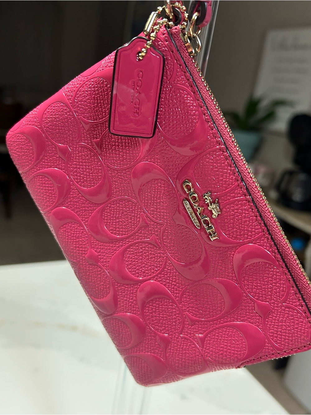 Coach Signature Debossed Patent Leather Corner Zip Wristlet- Fuchsia Pink